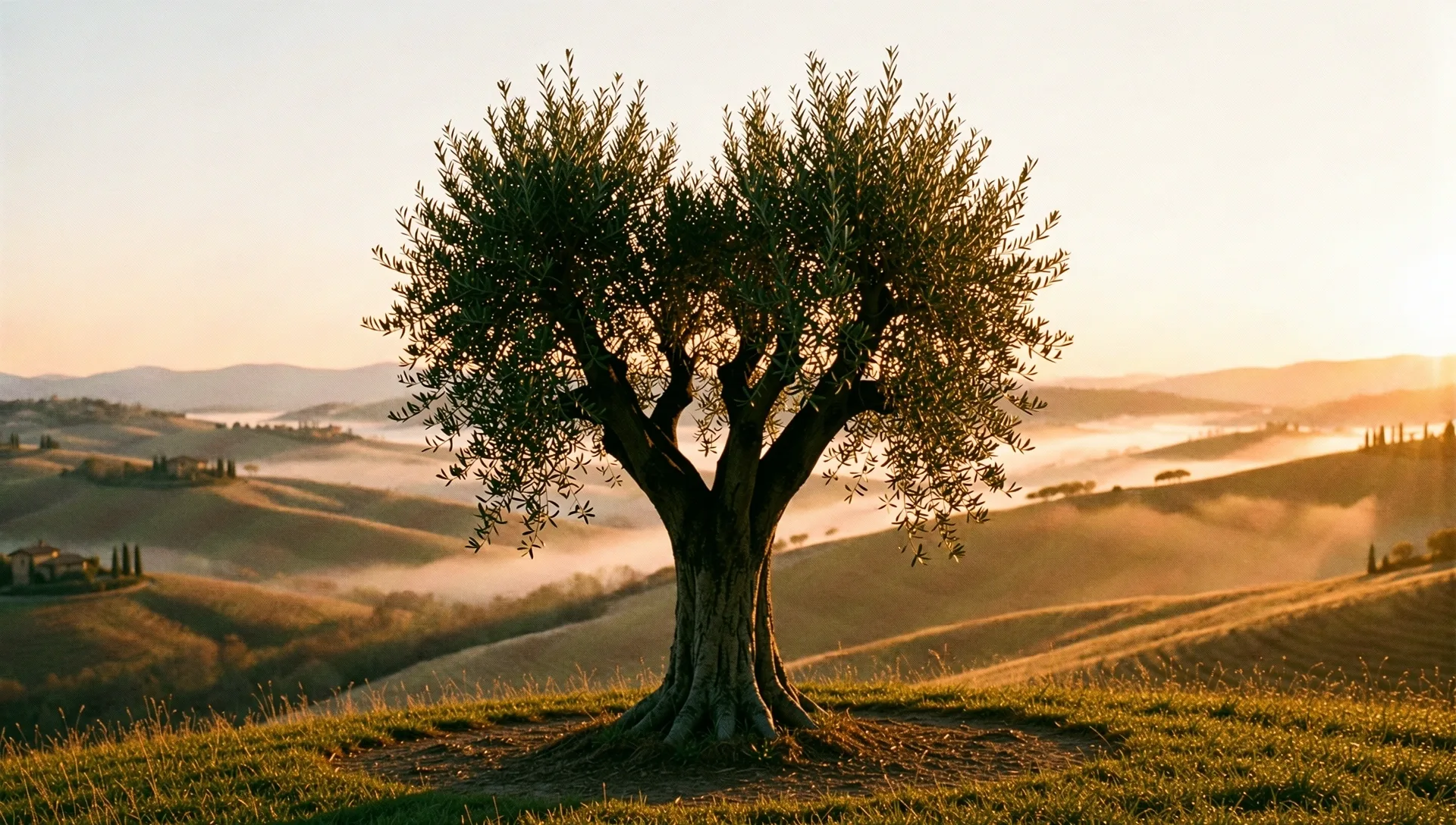 Un ulivo isolato su una collina toscana all'alba