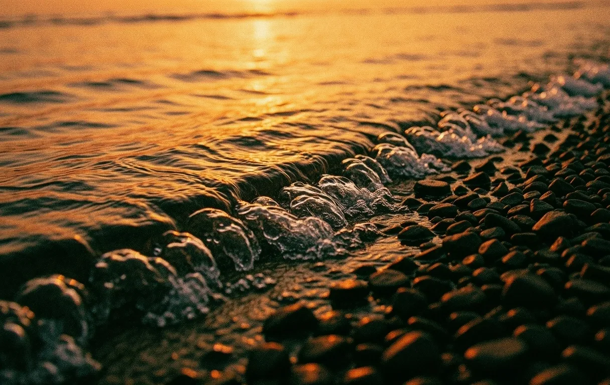 Acqua che scorre su sassi scuri di fiume al tramonto